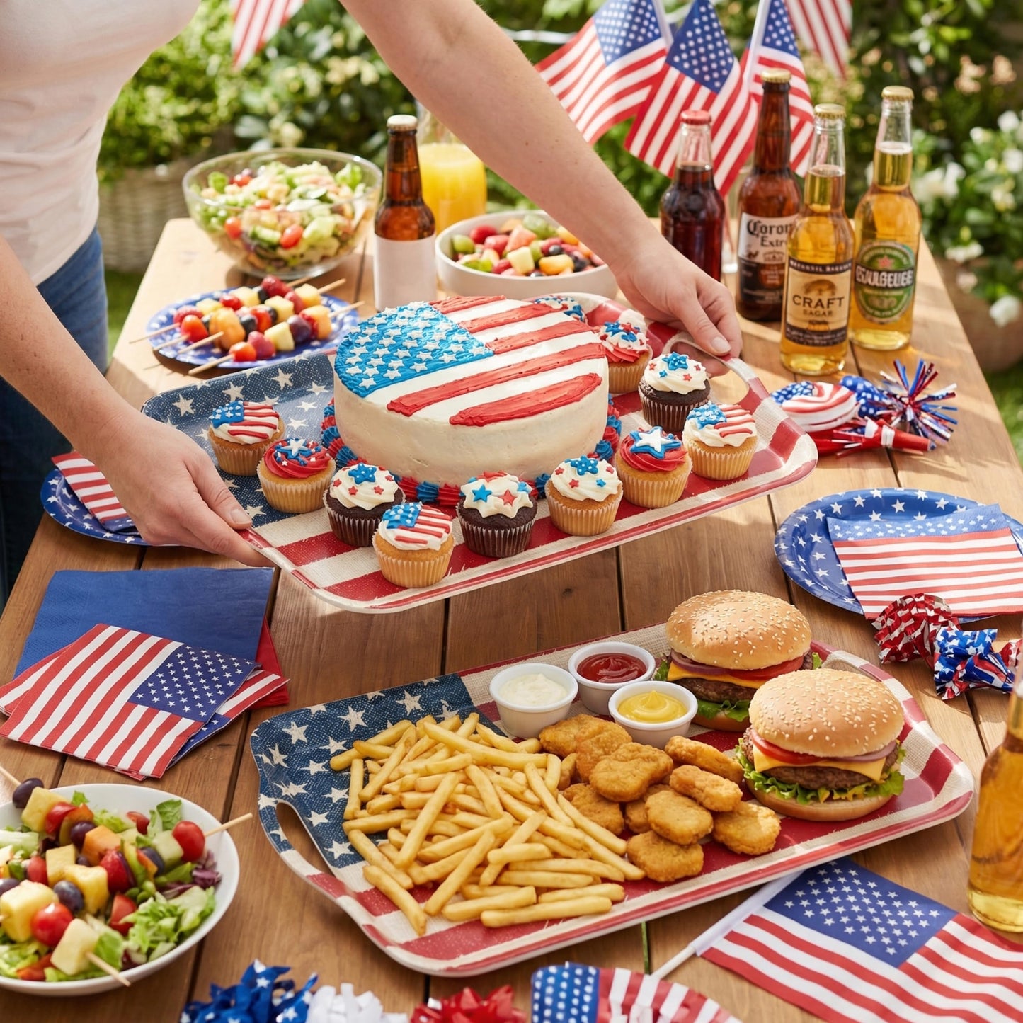 KINGEN 2-Pack Patriotic Bamboo Fiber Serving Trays - 18×13-inch Extra Large w/Handles Tray, Stars & Stripes Platters for 4th of July, Christmas, Birthday, BBQ, Party - Red, White & Blue Decor