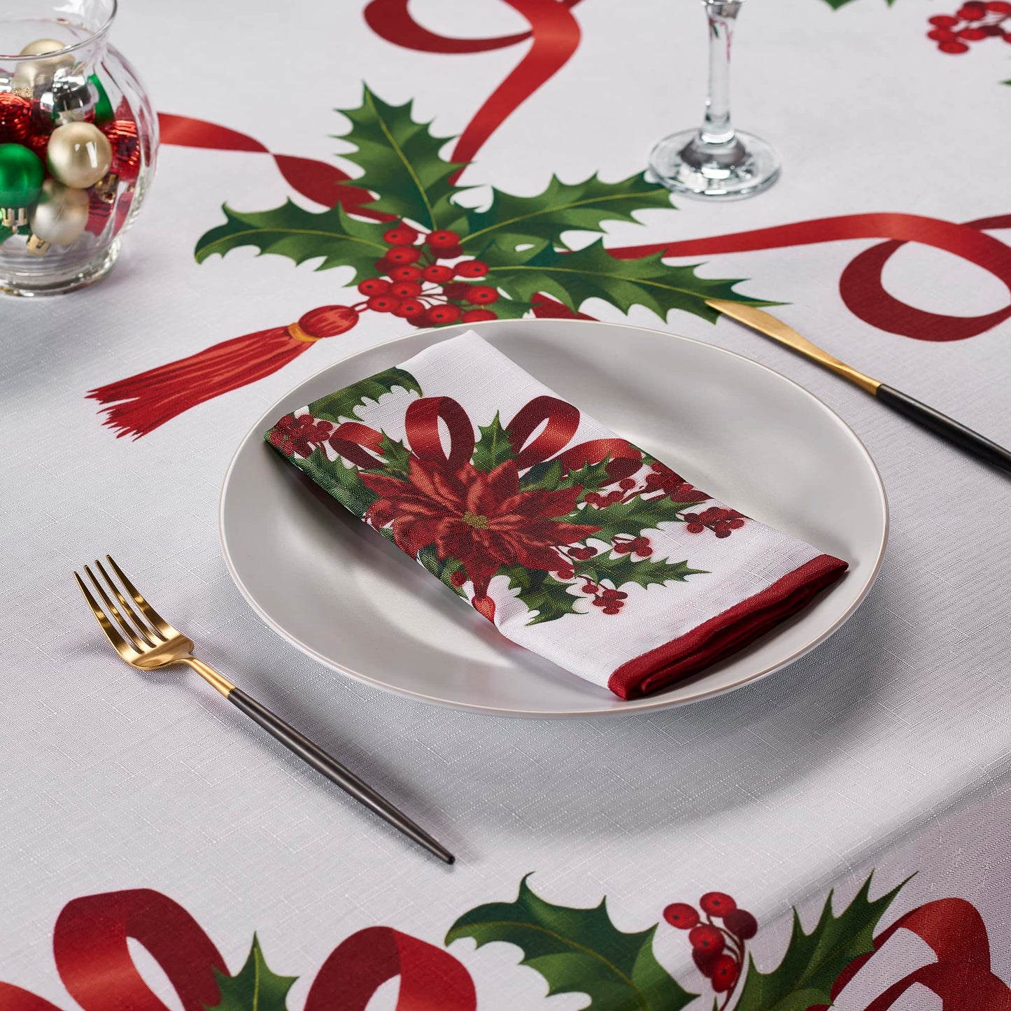 Kadut Christmas Ribbon Tablecloth (60 x 102 Inch) for 6 Foot Rectangle Tables, Heavy Duty Fabric, Stain Proof Xmas Ribbon Table Cloth for Harvest, Holiday, and Fall, & Christmas Dinner.