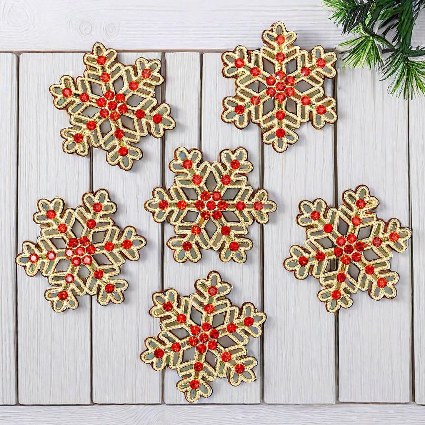 Rodvanvo 10PCS Large Hollow Hexagonal Winter Holidays Embellishment DIY Craft for Party Decorations Gift Box,Dress,Rhinestone Alloy Appliques Christmas Day Home Decor (Gold Bottom Red Rhinestone)