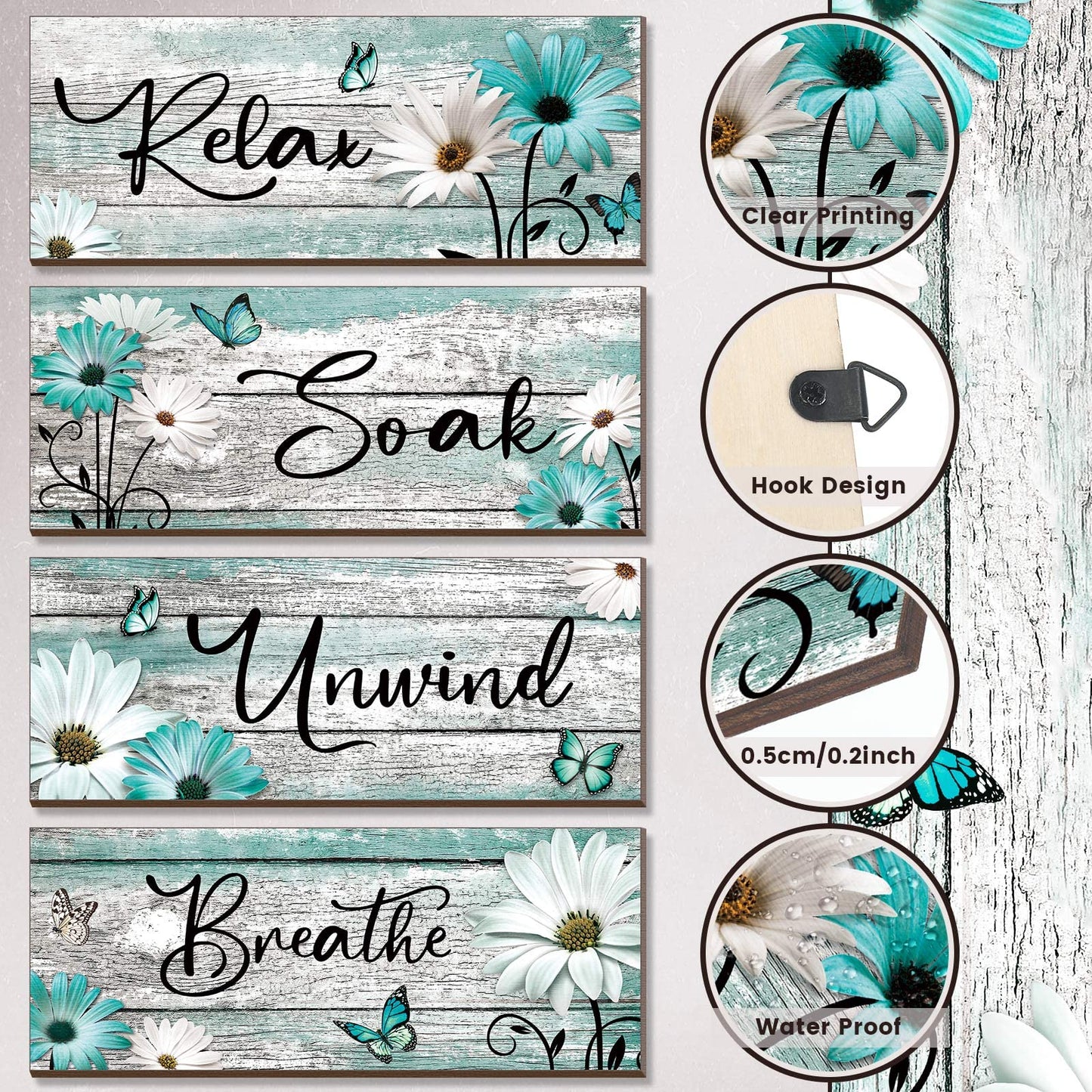 Sunnyray 4 Pcs Farmhouse Bathroom Wall Decor Sign Spring Daisy Tulip Flowers and Butterfly Bathroom Wall Art Relax Soak Unwind Breathe Rustic Wood Plaque Decor(10 x 4 Inch,Turquoise)