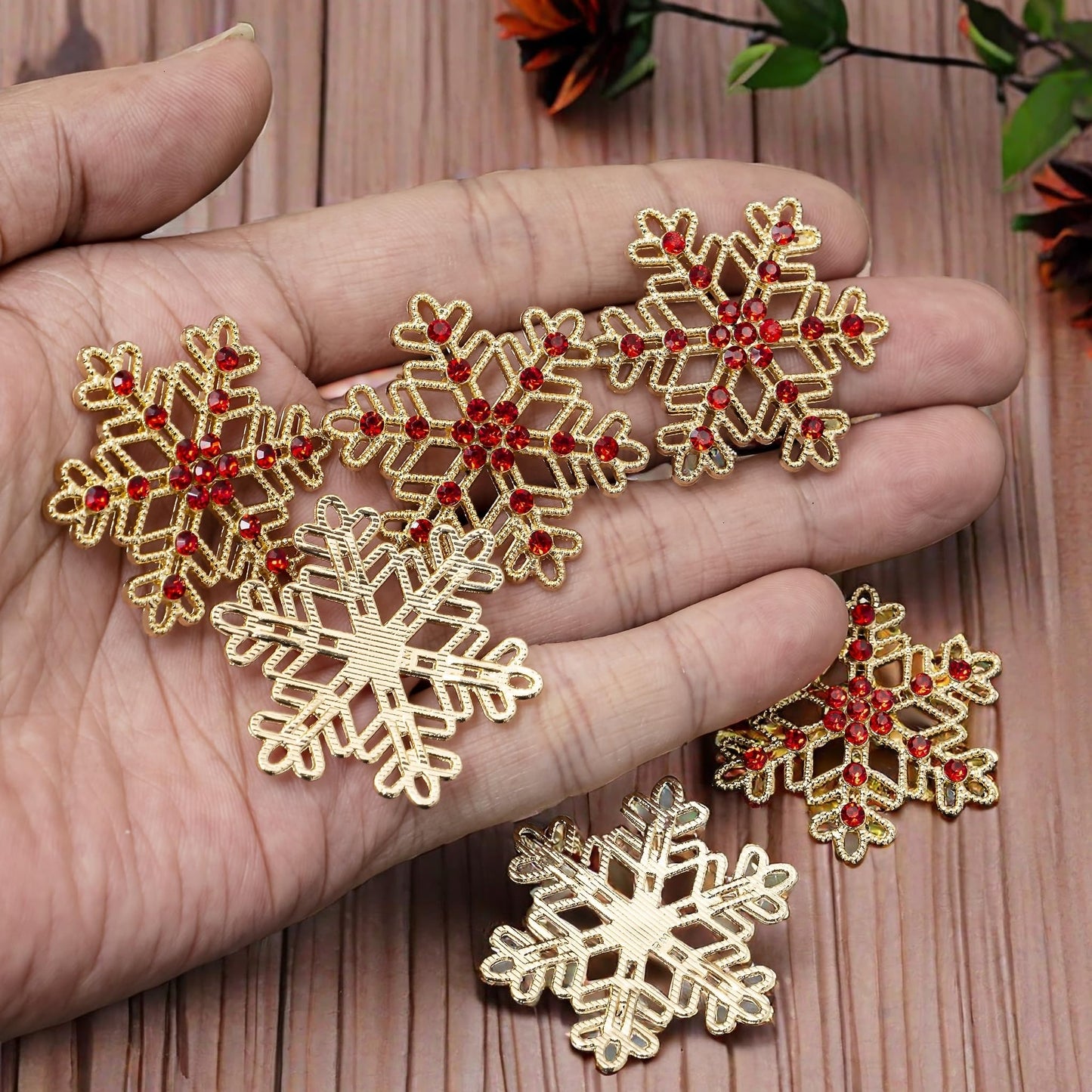 Rodvanvo 10PCS Large Hollow Hexagonal Winter Holidays Embellishment DIY Craft for Party Decorations Gift Box,Dress,Rhinestone Alloy Appliques Christmas Day Home Decor (Gold Bottom Red Rhinestone)