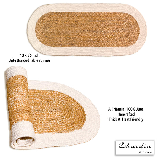 CHARDIN HOME Verona Oval Woven Jute & Cotton Braided Table Runner, Size -13 x 36 Inches, Color - Natural Jute with Ivory Border