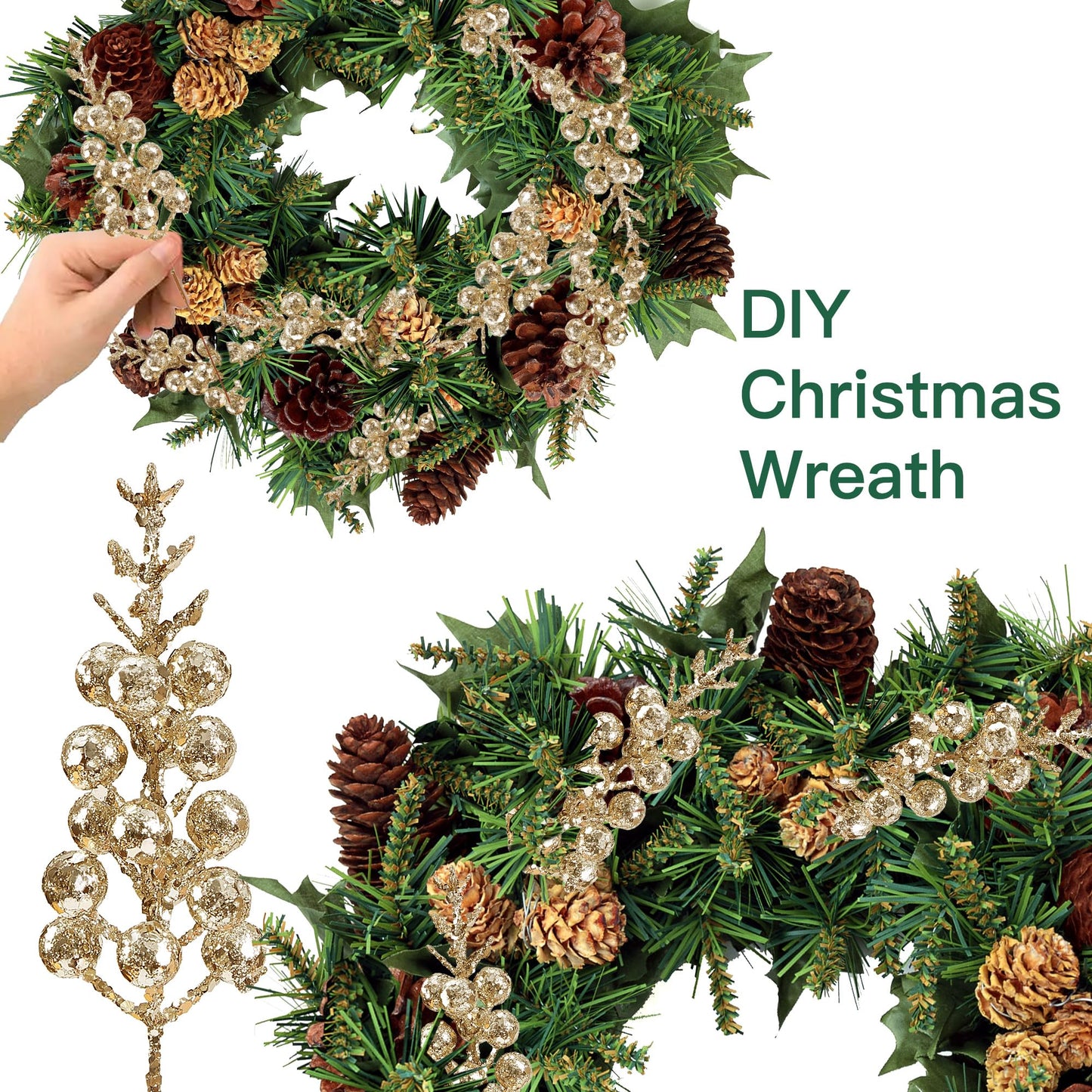 Sggvecsy 30Pcs Christmas Glitter Berries Stems Artificial Red Berry Branches Holly Picks Stems Christmas Tree Ornaments for DIY Xmas Wreath Crafts Gifts Holiday Home Decor (Champagne)