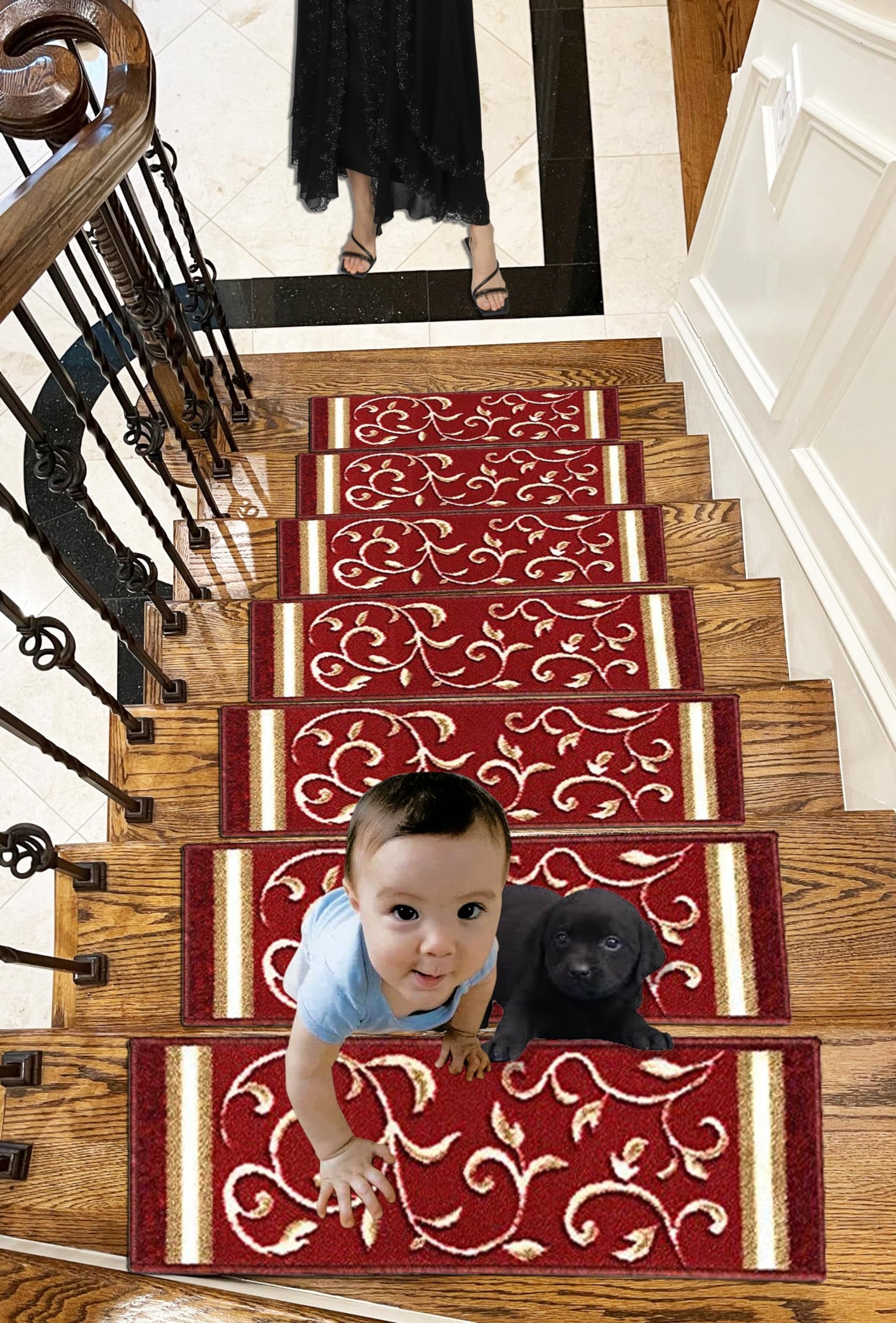 Gloria Stair Treads Carpet Non-Slip Stair Runners for Wooden Steps Non Slip Rubber Back Stair Rugs Stairway Carpet Set of 7 Red Floral (8.5” x 26”)