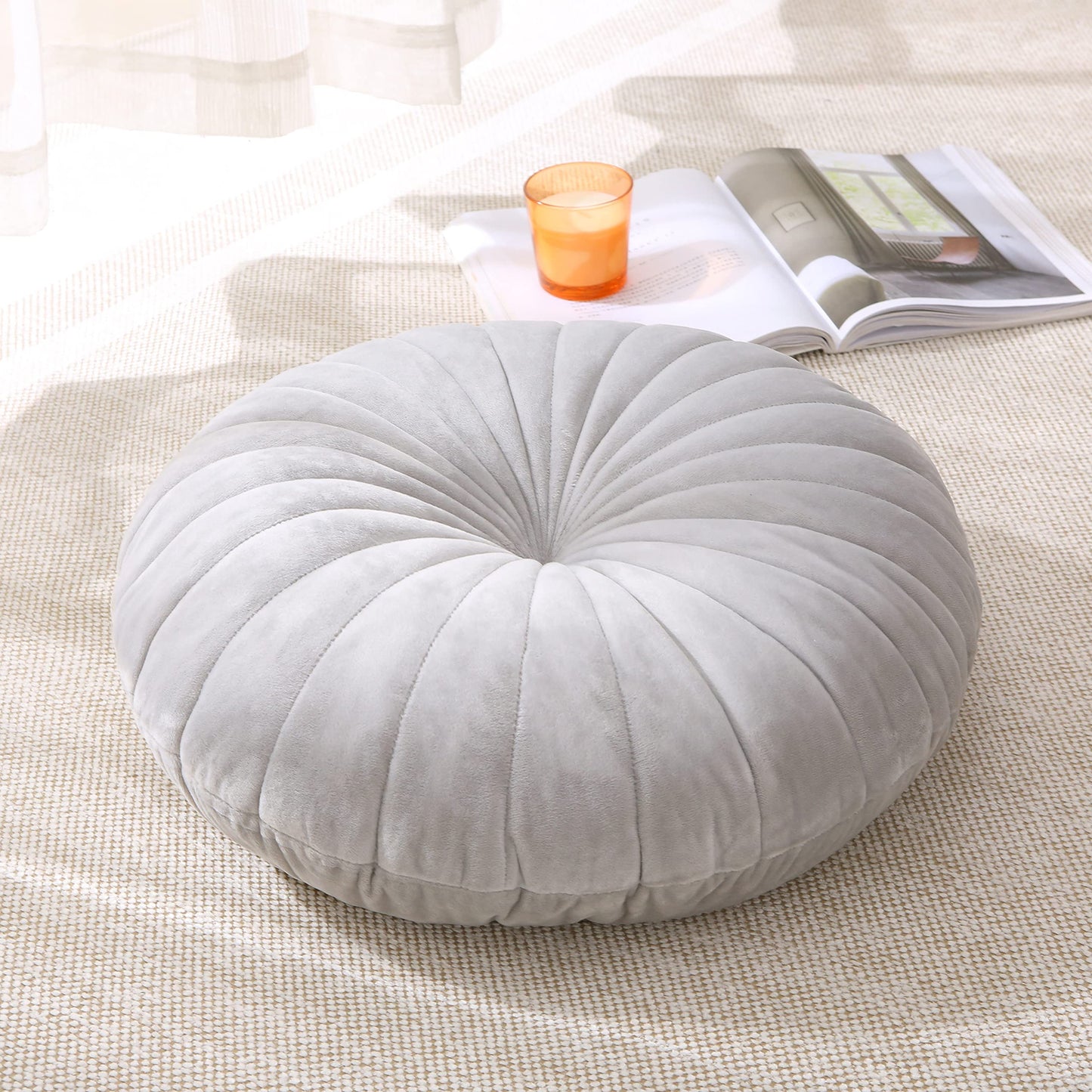 MolynnChic Floor Pillow Meditation Cushion Round Large Floor Pillows Seating for Adults, Velvet Thick Floor Cushions for Yoga Living Room Balcony Outdoor Tatami 18inch（Grey）