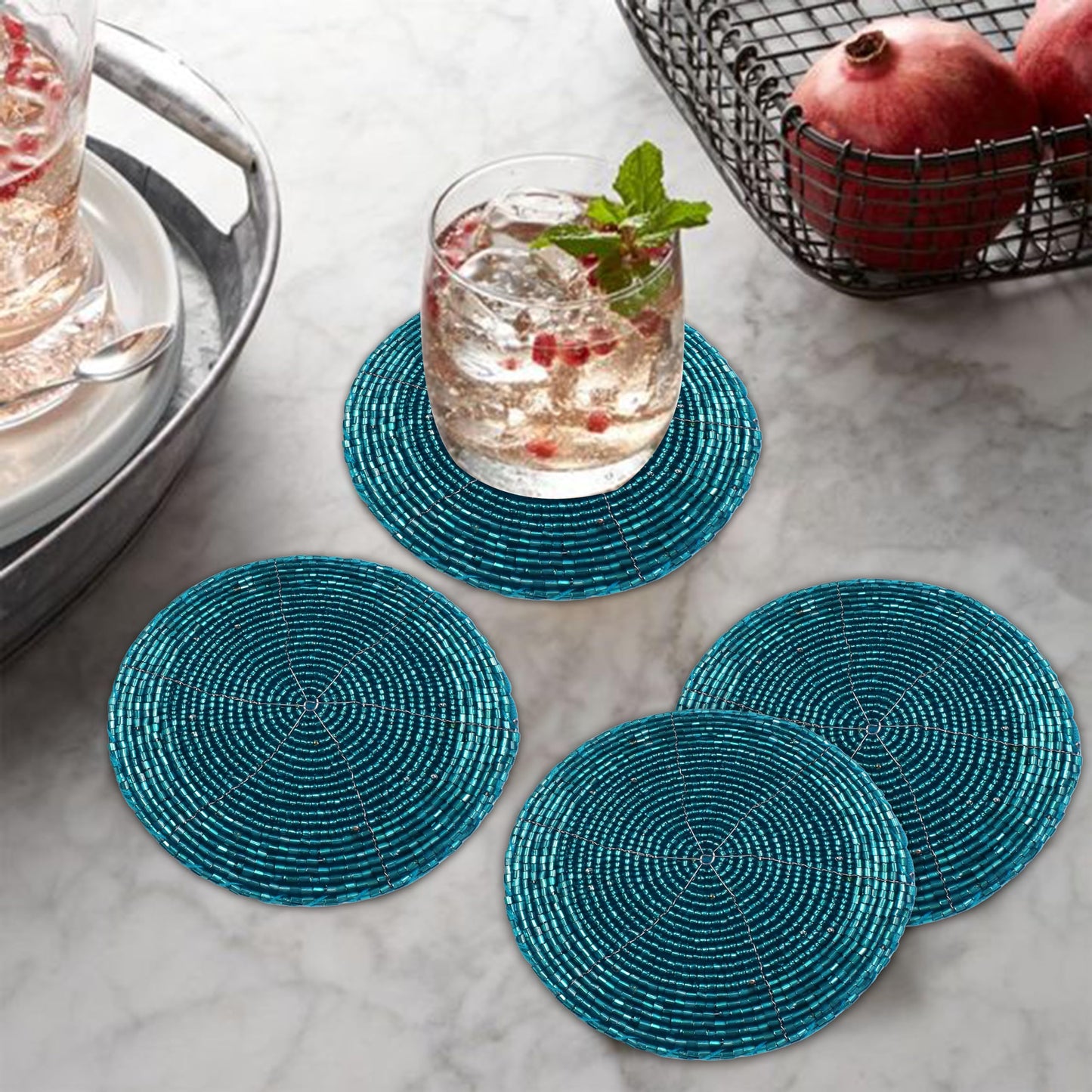 Handmade Beaded Coasters Set of 6, Teal Blue Circular Pattern Decorative Drink Coasters for Coffee Table, Dining Room Table, Wedding Party, Birthday Gift - 4 Inch - Teal