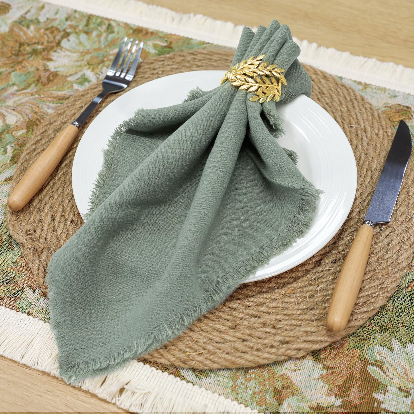 keypan Sage Green Cloth Napkins Washable, Linen Cotton Table Rustic Fabric Napkin Bulk with Fringe for Thanksgiving Dinner Wedding Party Set of 8 17x17 inch