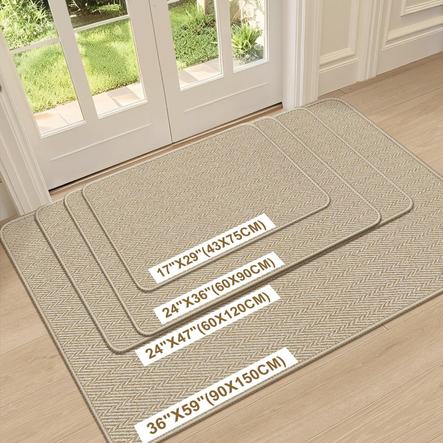 BEISIFLOOR Ultra Thin Door Mat Indoor Entrance 17"x29", Low-Profile Indoor Door Mat, Non Slip Entry Mat Rubber Backing Unique Herringbone Design Inside Doormat Dirt Trapper Entryway Mats, Beige