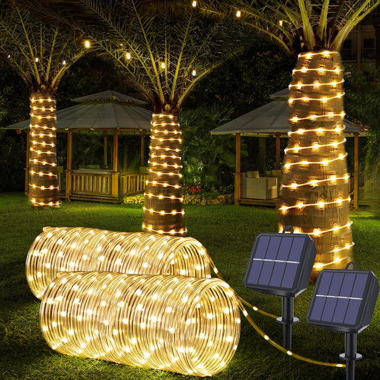 Solar Rope Lights, 2 Packs Total 132ft 400LED Solar String Lights, 8 Modes Waterproof Solar Powered Outdoor Light, Flexible Clear Tube Light for Garden Backyard Patio Deck Pool Tree Decor - Warm White