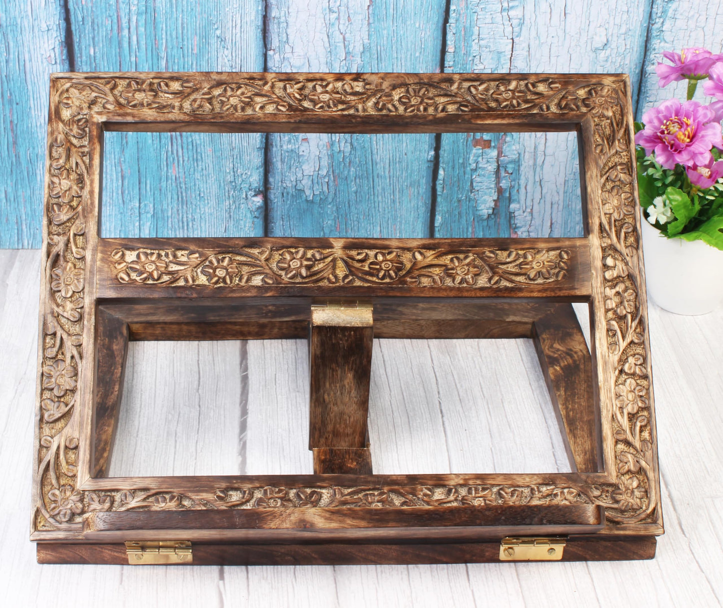 Mother’s Day Adjustable Wooden Book Stand, Handmade Quran Bible Geeta Cookbook Holder, Folding Reading Display Stand, Carved Prayer Rihal Rest, Recipe Book Holder, Gifts for Mom