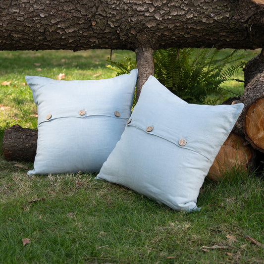 Simple&Opulence Linen Throw Pillow Covers Pack of 2, Triple Coconut Button Vintage Farmhouse Natural Flax Decorative Square Cushion Cover for Sofa Couch Chair - Dusty Blue, 18'' x 18''