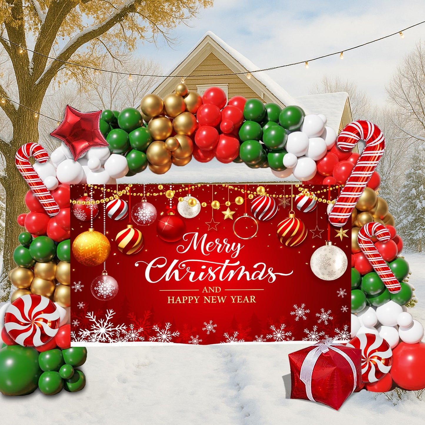 Christmas Balloon Arch Kit, 163PCS Christmas Party Decorations with Large Backdrop for Photography, Red Green Gold, Candy Cane, Red Star, Gift Box Foil Balloons for Party Decor