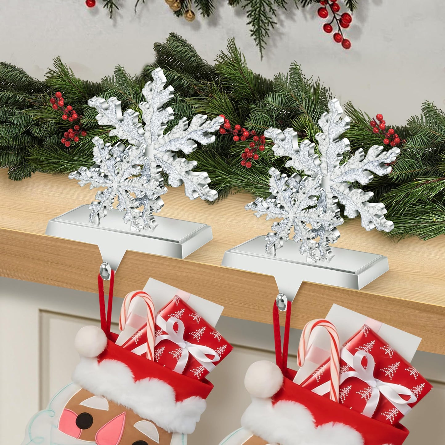 Loncaster Stocking Holders for Mantle Set of 2, Snowflakes Christmas 3D Stocking Hangers for Mantel with Shiny Metal & Glitter, Christmas Stocking Holder for Fireplace, Shelf, Tabletop (Sliver)