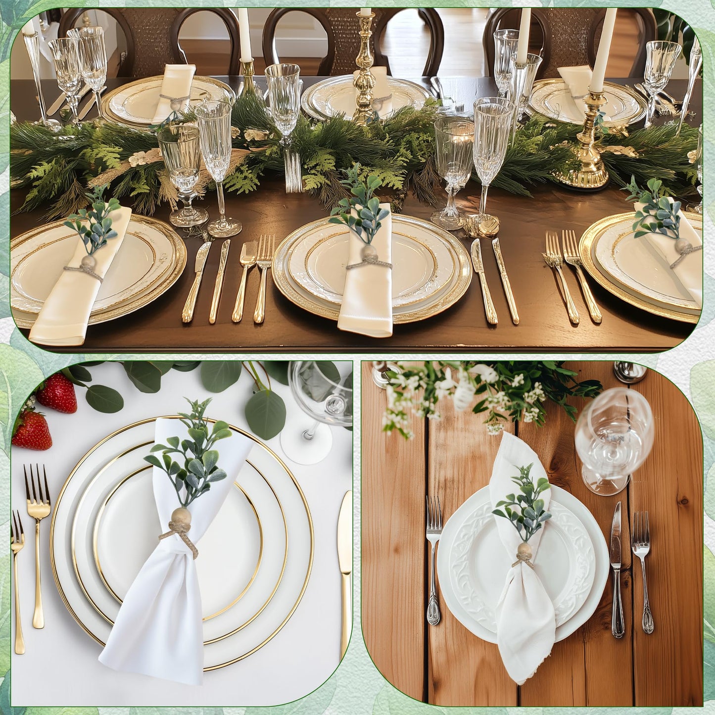 MAOANME Napkin Rings Set of 12, Rustic Eucalyptus Napkin Holder Rings with Wood Bead, Farmhouse Green Leaf Napkins Ring Bulk, Boho Napkins Ring for Wedding, Table Decor