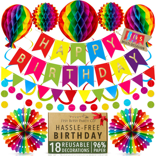 Premium Reusable Happy Birthday Decorations - Colorful Rainbow Birthday Decorations for Kids, Women, and Men - Multi-occasion Banner, Pennant Banner, Paper Fans - Party Decor by Itsy Bitsy Party Co