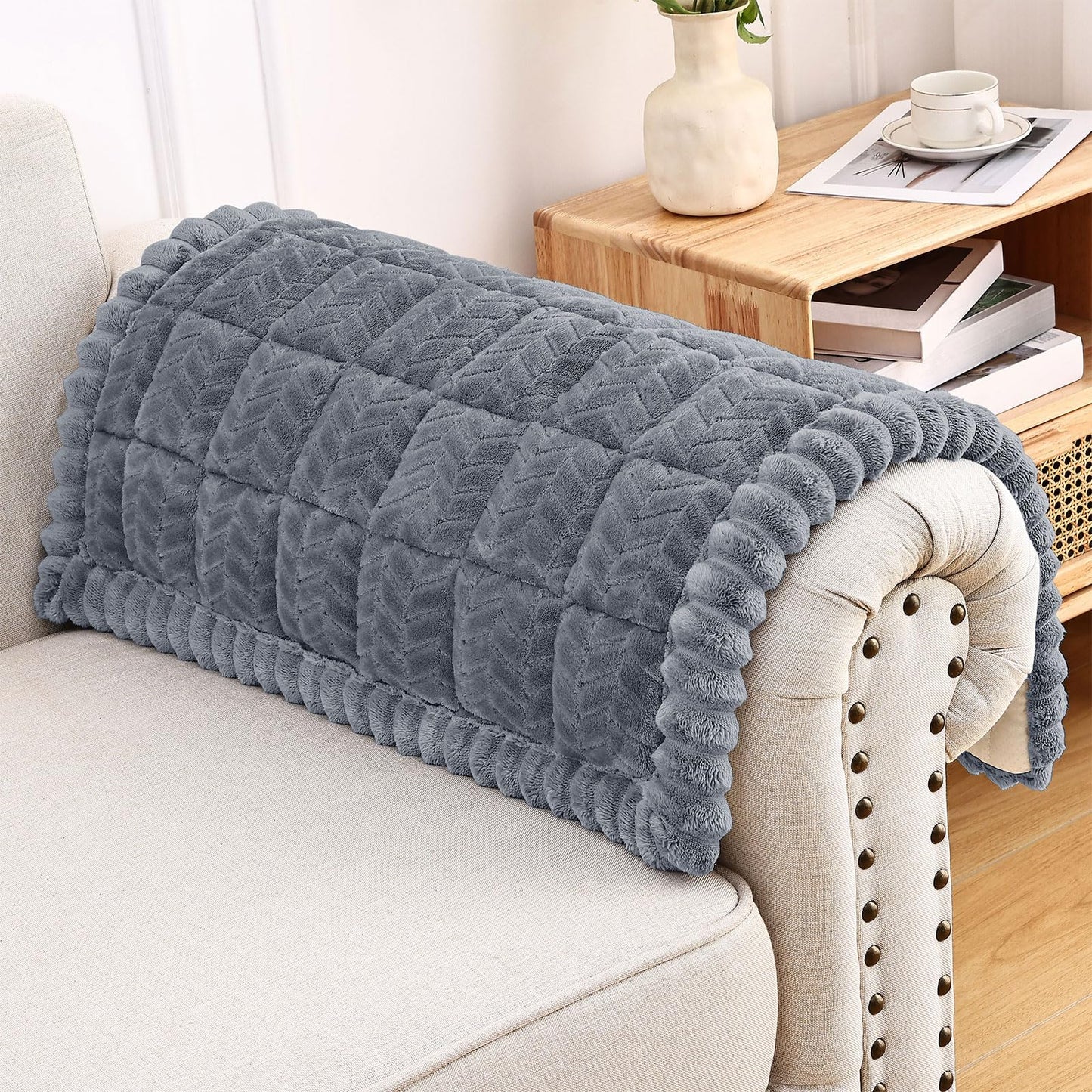 Smiry Non Slip Couch Armrest Covers for Dogs, Fuzzy Pet Couch Arm Covers for Sofa Pet Friendly, Soft Sofa Slipcovers Recliner Chair Arm Protector Washable (Grey, 27.6" x 27.6")