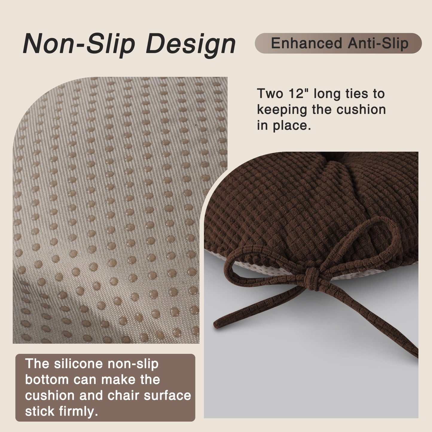 OVOV Chair Cushions for Dining Chairs Set of 1 Non-Slip Kitchen Seat Cushions 18" x 18" x 4" Indoor Seat Pads with Ties Coffee