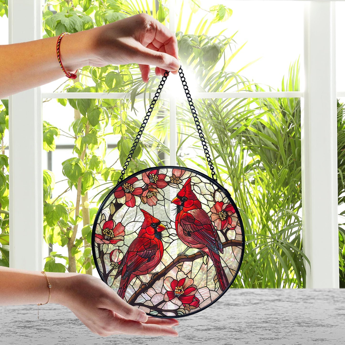 FUGWN Cardinal Bird Stained Glass Window Hanging, Red Cardinal Flower Sun Catchers Indoor Window Round Glass Wall Art Decor, Bird Suncatcher Wall Hanging Decorations, Gardening & Lawn Care