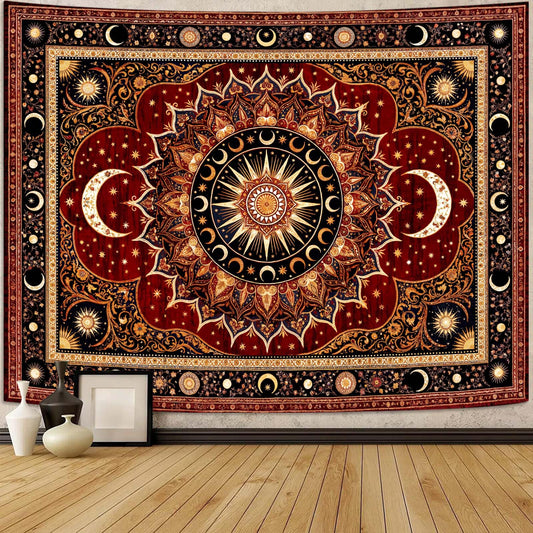 Lifeel Vintage Boho Sun Moon Tapestry, Bohemian Mandala Medallion Tapestries Wall Hanging for Living Room Decor, Dark Red 36x48 inches