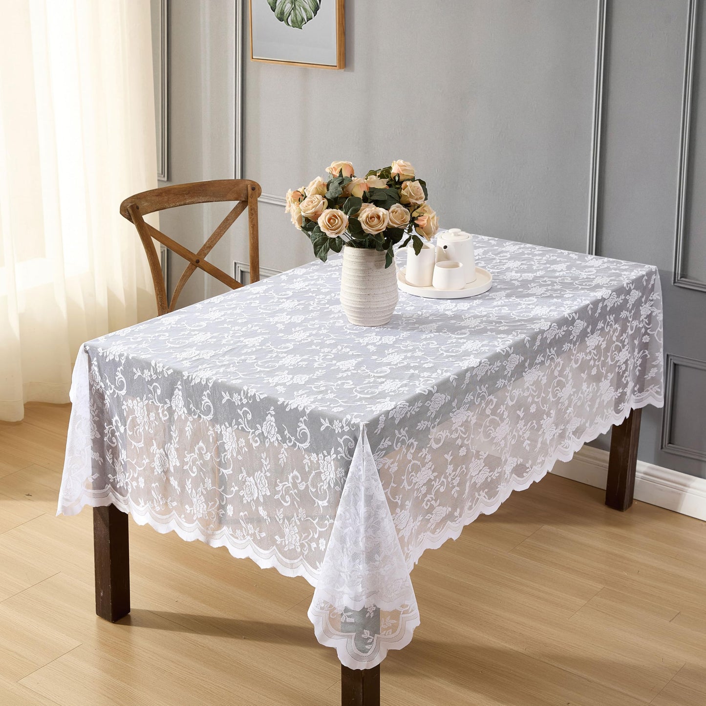 HLC.ME Harper Floral Lace Fabric Tablecloth, Lace Fabric Table Cloth for Rectangle Tables, Wrinkle Resistant Tablecloth, Patterned Scalloped Tablecloth (60 W x 84 L, White)
