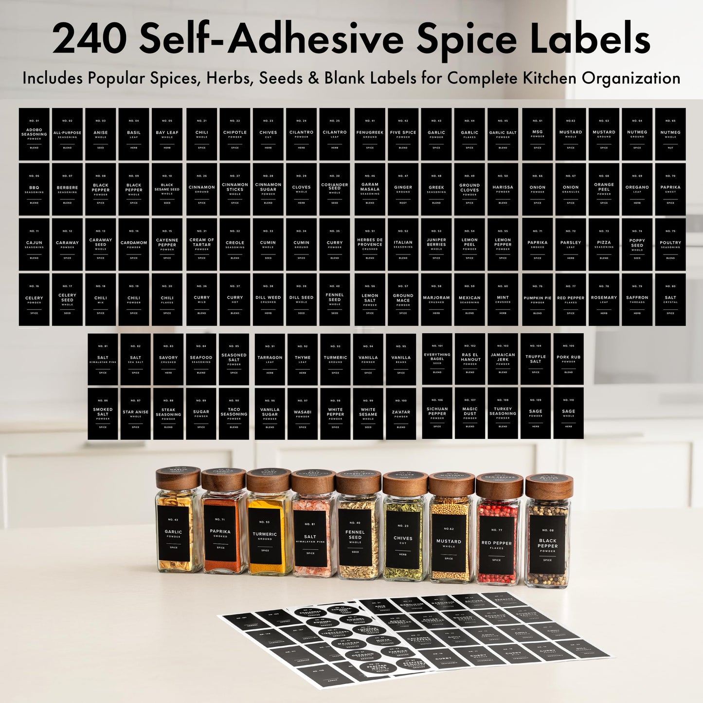 EDELHAUS® Square Spice Jars with Acacia Wooden Lid (Pack of 24) Spice Jars with Shaker Insert and 240 Labels - Acacia Lids Glass Container for Spice Organisation [4.3 in × 1.8 in]