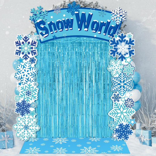 VitalCozy 7pcs Birthday Party Decorations Snowflake Tinsel Foil Fringe Curtains Porch Banners Snow Rug Backdrop for Wonderland Party Decoration Winter Supplies