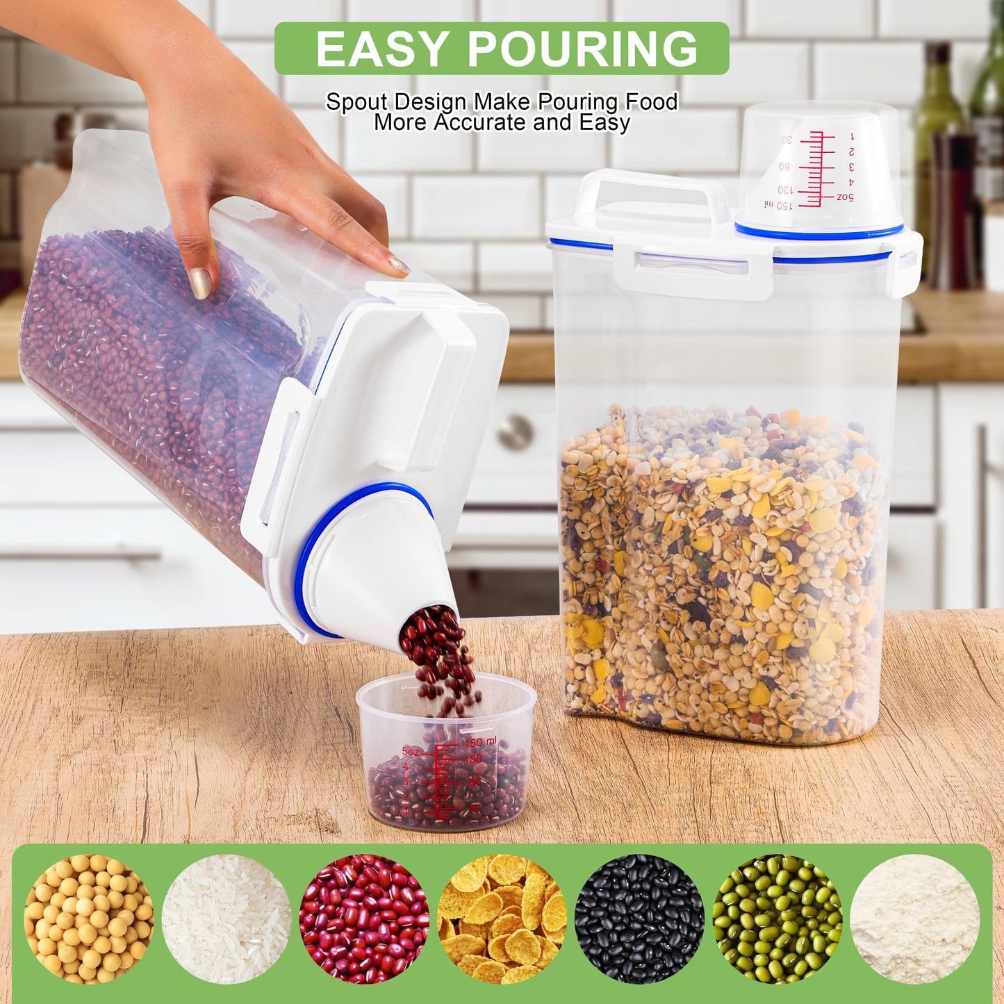 HNNJCK 4 Pcs Set Rice Storage Container 5.5lb, Rice Dispenser with Measuring Cup & Pour Spout for Flour Pasta Grain Pet Dog Cat Bird Food Storage Container