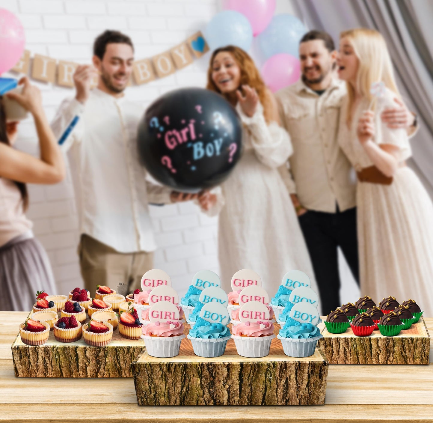 Gift Boutique Wood Look Cake Stand Holder Set of 3 Square Cardboard Dessert Display Stands 8 10 12 Inch Tree Slice Bark Base Cupcake Tray for Wedding Table Decor