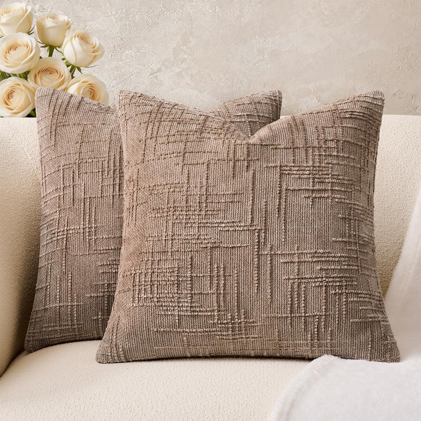 GriNeed Throw Pillow Covers Neutral Khaki Set of 2 18x18 Inch Pillow Covers, Soft Chenille Decorative Pillowcases for Couch Sofa Bed Living Room, Home Boho Decor, Modern Farmhouse Cushion Covers