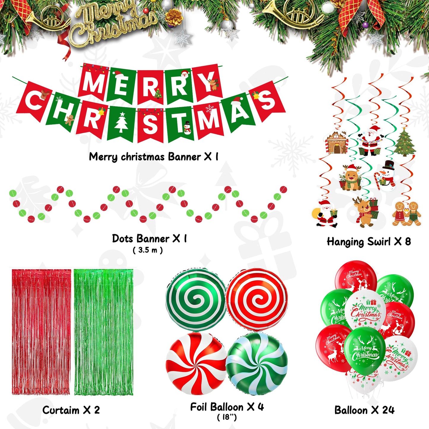 Christmas Party Supplies Decorations Set, Merry Christmas Banner, Foil Balloons, Hanging Swirls, Red and Green Metallic Fringe Curtains, Circle Dots Garland