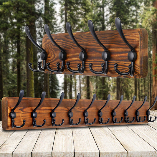 SKOLOO Rustic Wall Mounted Coat Rack: 16" Stud Spacing, Pine Real Wood Plank Wall Coat Rack with 5 Triple Hooks, Farmhouse Coat Hanger Wall Mount for Hanging Backpack Jacket Coat Hat