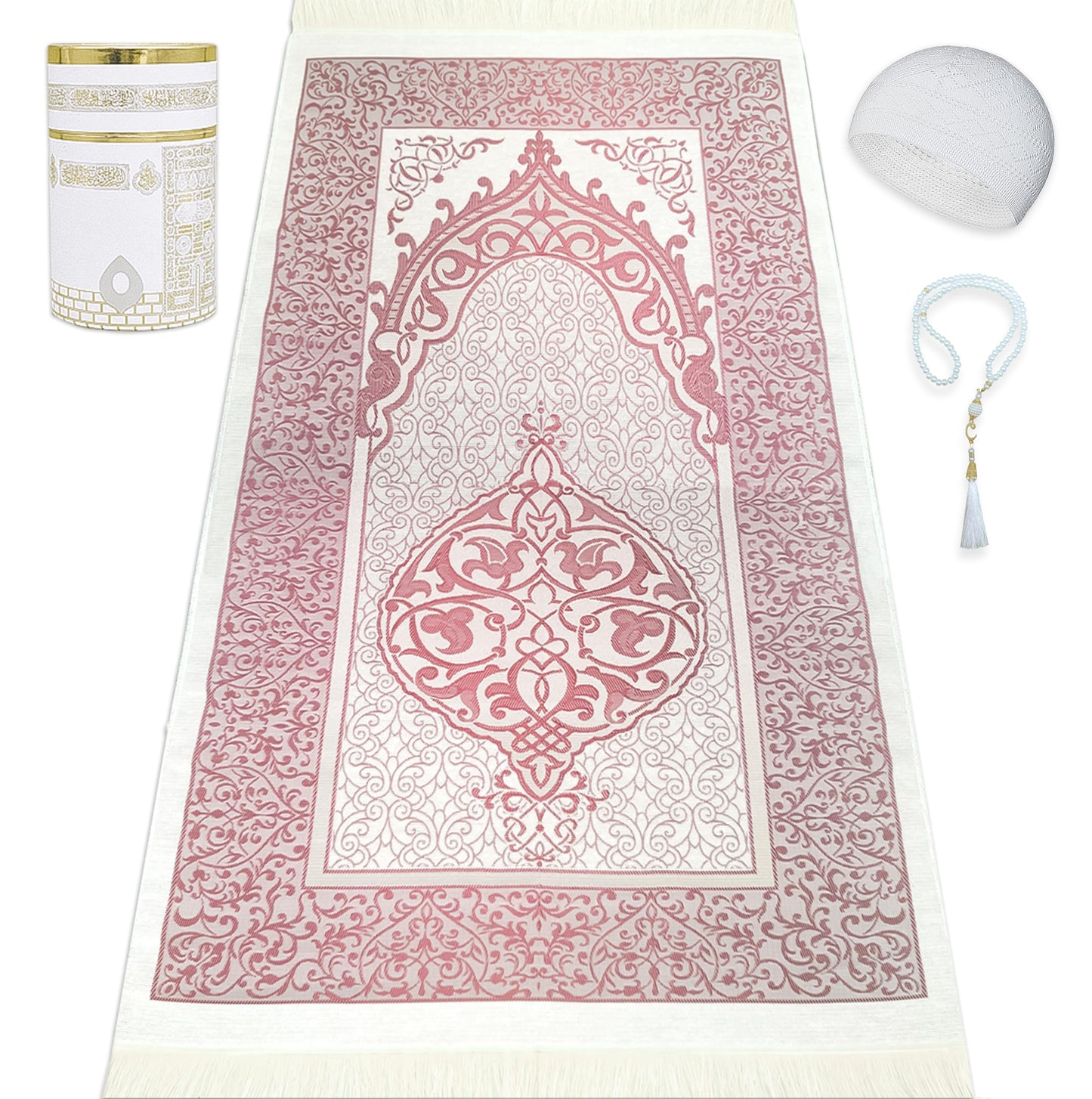 Kapobia Muslim Prayer Rug Islam and Beads, Kaabe Design Box Eid Ramadan Gifts Islamic Set Carnal Salah Mat Taffeta Fabric Black Soft Prayer Mats Men and Women (Pink)