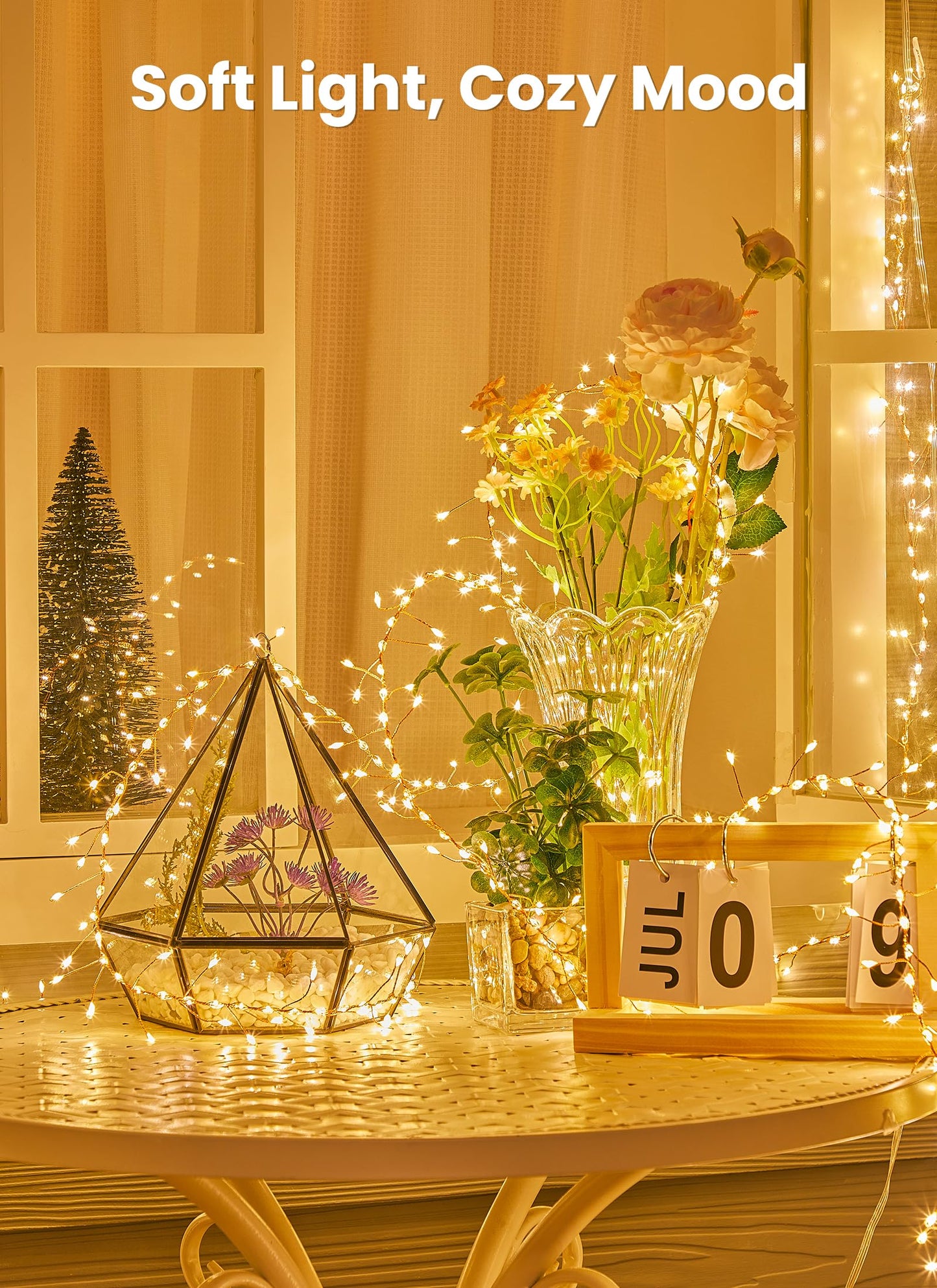 SmartDawn Flowing Fairy Lights Plug in with 14 Modes, 10FT 388LED Twinkle Firecrackers String Lights Indoor Waterproof, Christmas Tree Cluster Lights for Bedroom Garland Christmas Decor, Warm White