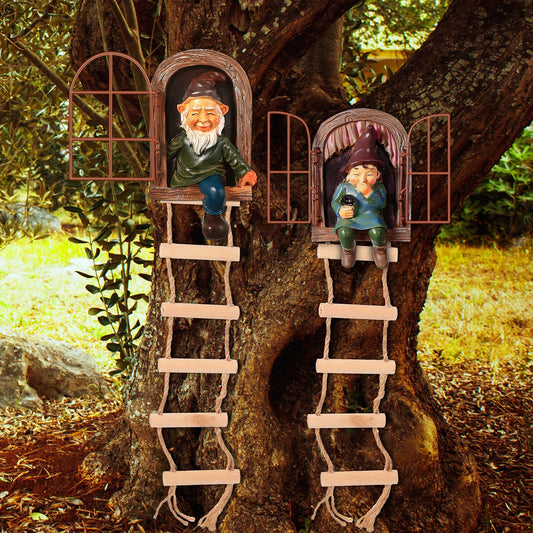 Thyle 4 Pieces Garden Gnomes Outdoor Tree Hugger Gnome Fairy Statue Elf Out the Door Resin Figurine Hanging Ladder Decoration Tree Faces Decor Outdoor for Patio Yard Lawn(Rustic Style)
