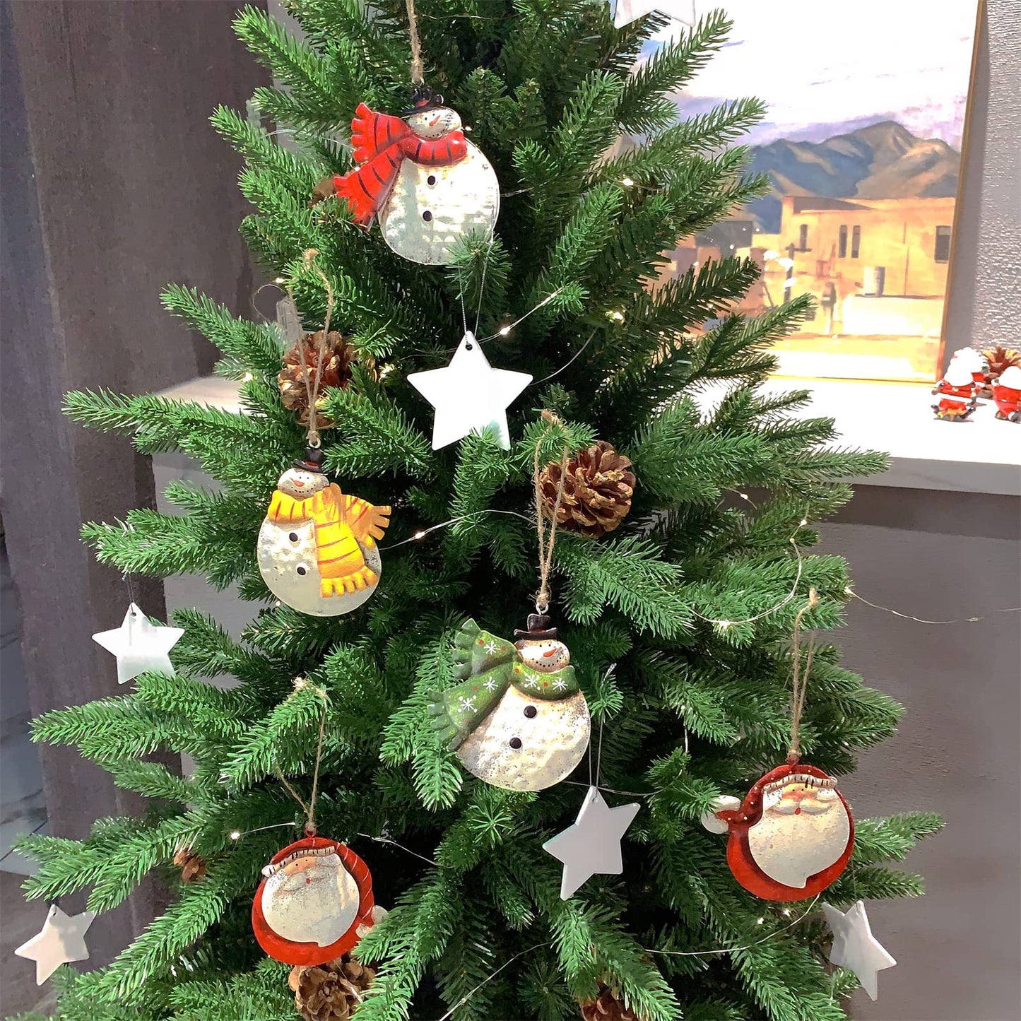 Crafjie 5 Pack Rustic Metal Double-Sided Christmas Tree Ornaments Tin Santa Snowman Decorations Hanging Pendants Ornaments Christmas Hanging Ornament Xmas Holiday Decor
