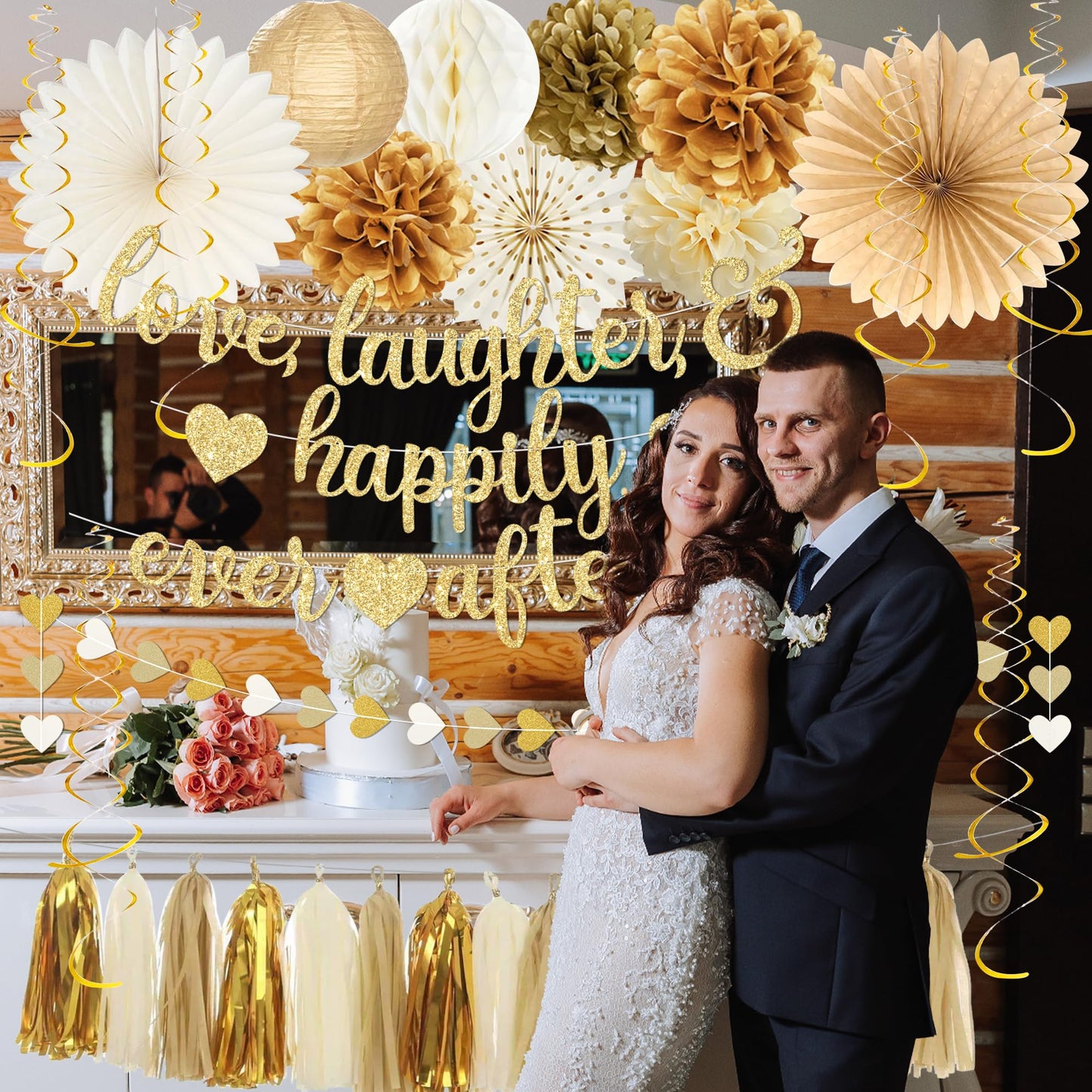 Roetyce Engagement Party Decorations, Gold Glitter Love Laughter & Happily Ever After Banner for Bridal Shower, Wedding Bachelorette Party Backdrop, Almost Married/Just Engaged Photo Background Decor