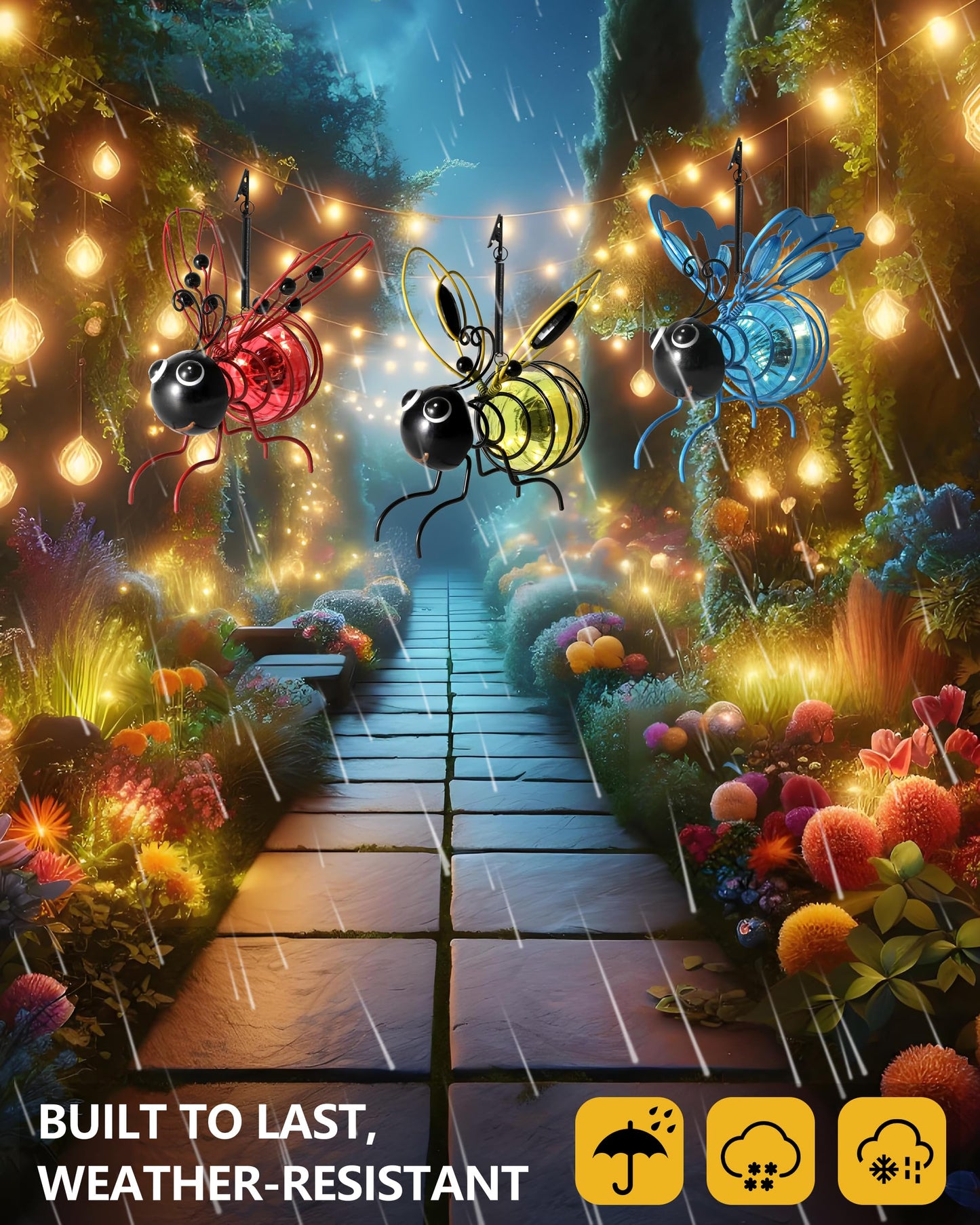 Lighted Outdoor Display - Solar Powered Hanging Bee Decor with Bouncy Springs - Outdoor Hanging Solar Lights for Garden Decor, Yard, Patio, Porch (Yellow)