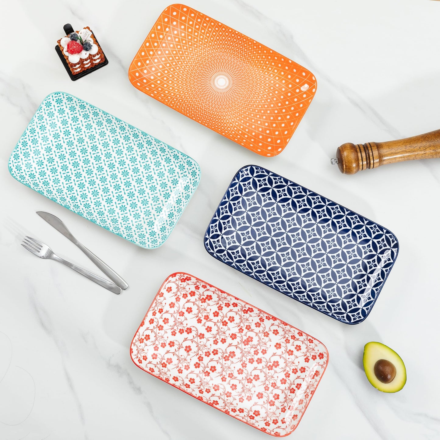 LEHAHA Ceramic Serving Platter, 12 x 7 inch Serving Trays for Party, Rectangular Serving Trays for Entertaining, Excellent Trays for Serving Food,Fruit,Cakes,Appetizers-Set of 4