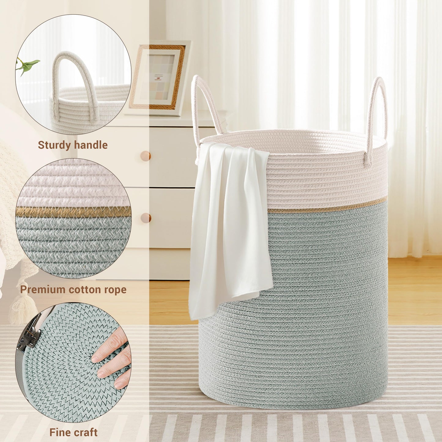 SunNewt Tall Laundry Basket with Handles, 72L Portable Dirty Clothes Hamper, Boho Cotton Rope Storage Bin for Blankets Kids Toys Gifts, Large Organizer for Baby Nursery Bedroom Bathroom, Sage Green