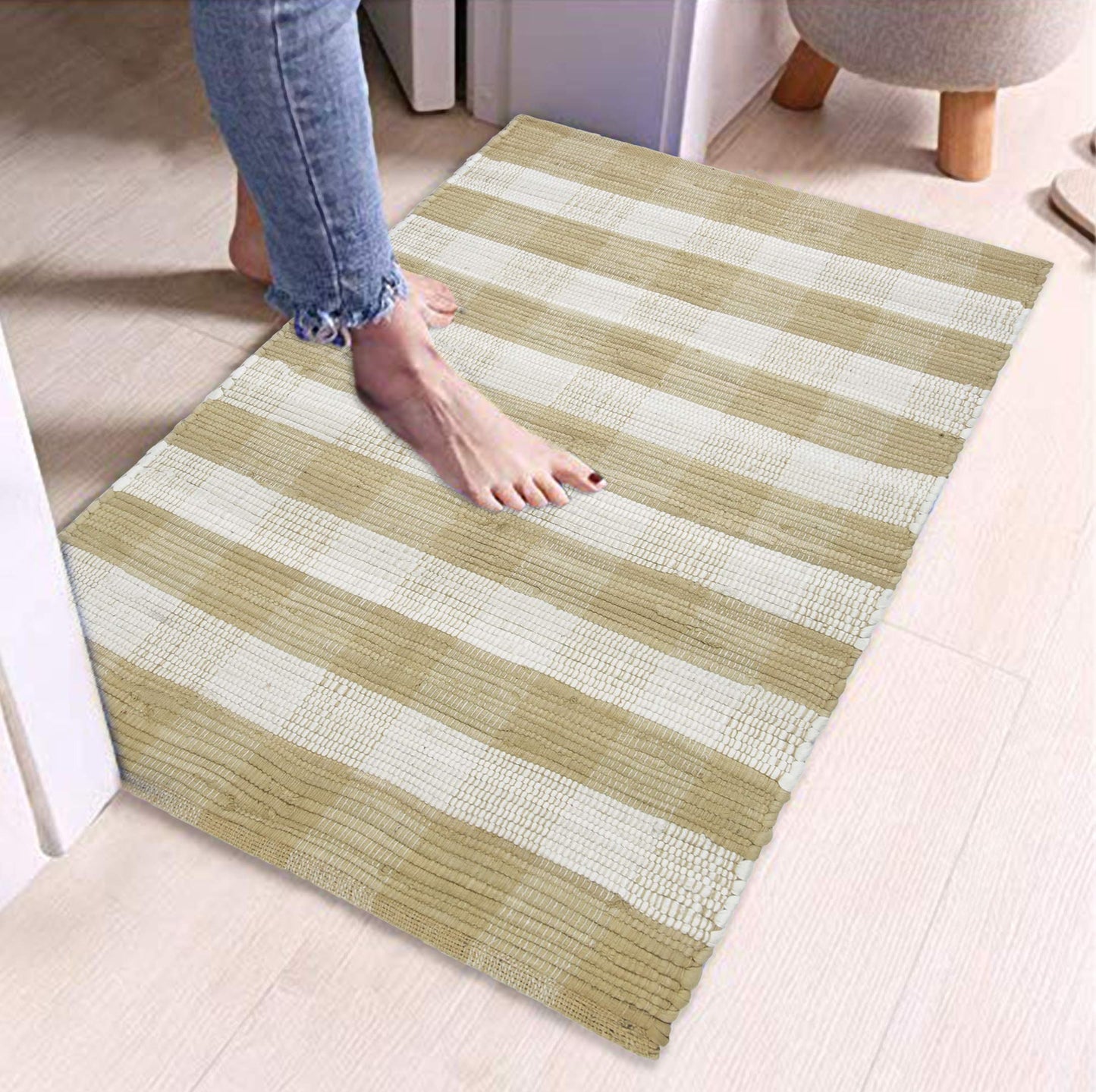 GLAMBURG Cotton Buffalo Check Plaid Washable, Handwoven Checkered Welcome Door Mat 18x30 for Kitchen Bathroom Outdoor Porch Laundry Living Room, Farmhouse Reversible Rag Rug Beige Natural