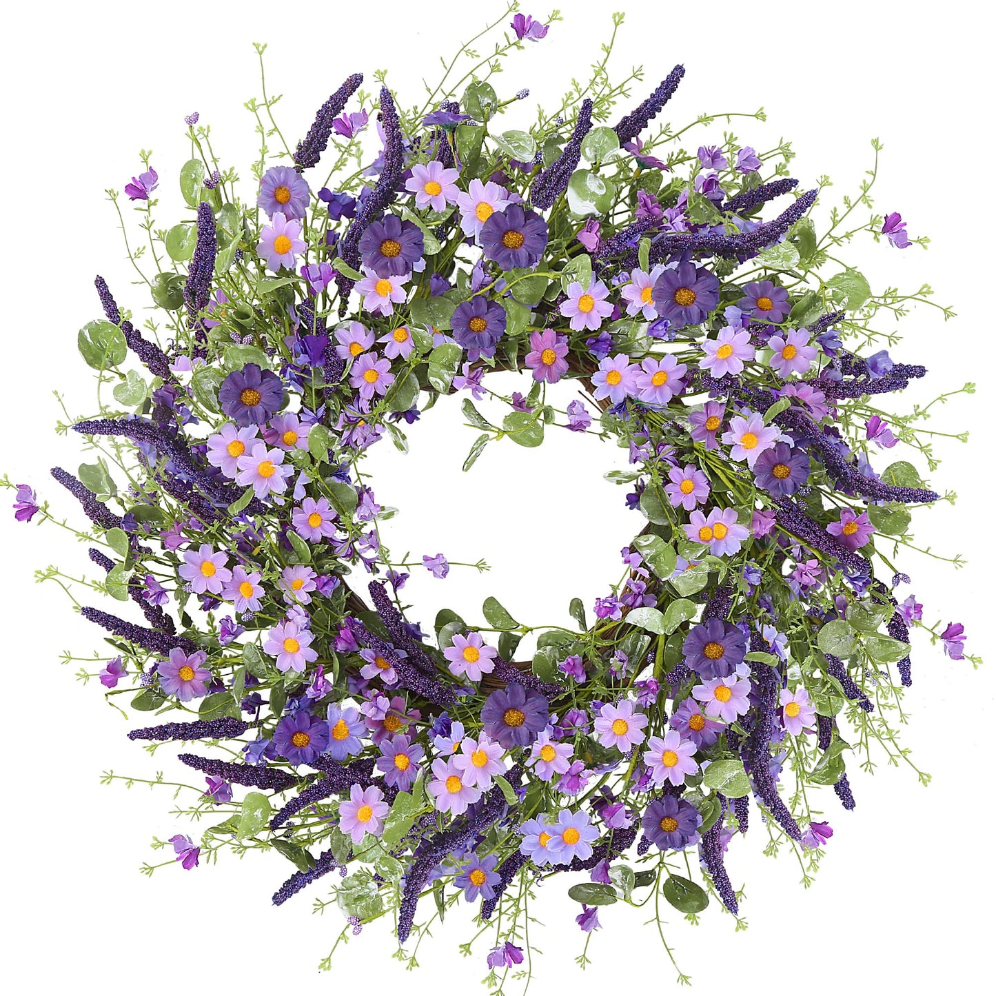 Sggvecsy Purple Daisy Wreath 24 Inch Spring Summer Wreath with Fake Silk Floral Green Eucalyptus Leaves and Lavender for Front Door Window Wall Wedding Farmhouse Festival Decor
