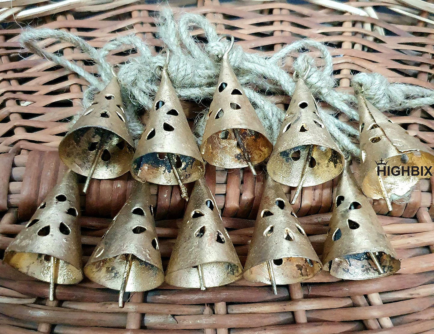 HIGHBIX Rusty Harmony Cow Bells 10 Pieces Vintage Handmade Rustic Lucky Christmas Hanging 2inch Bells (Cone Shape)