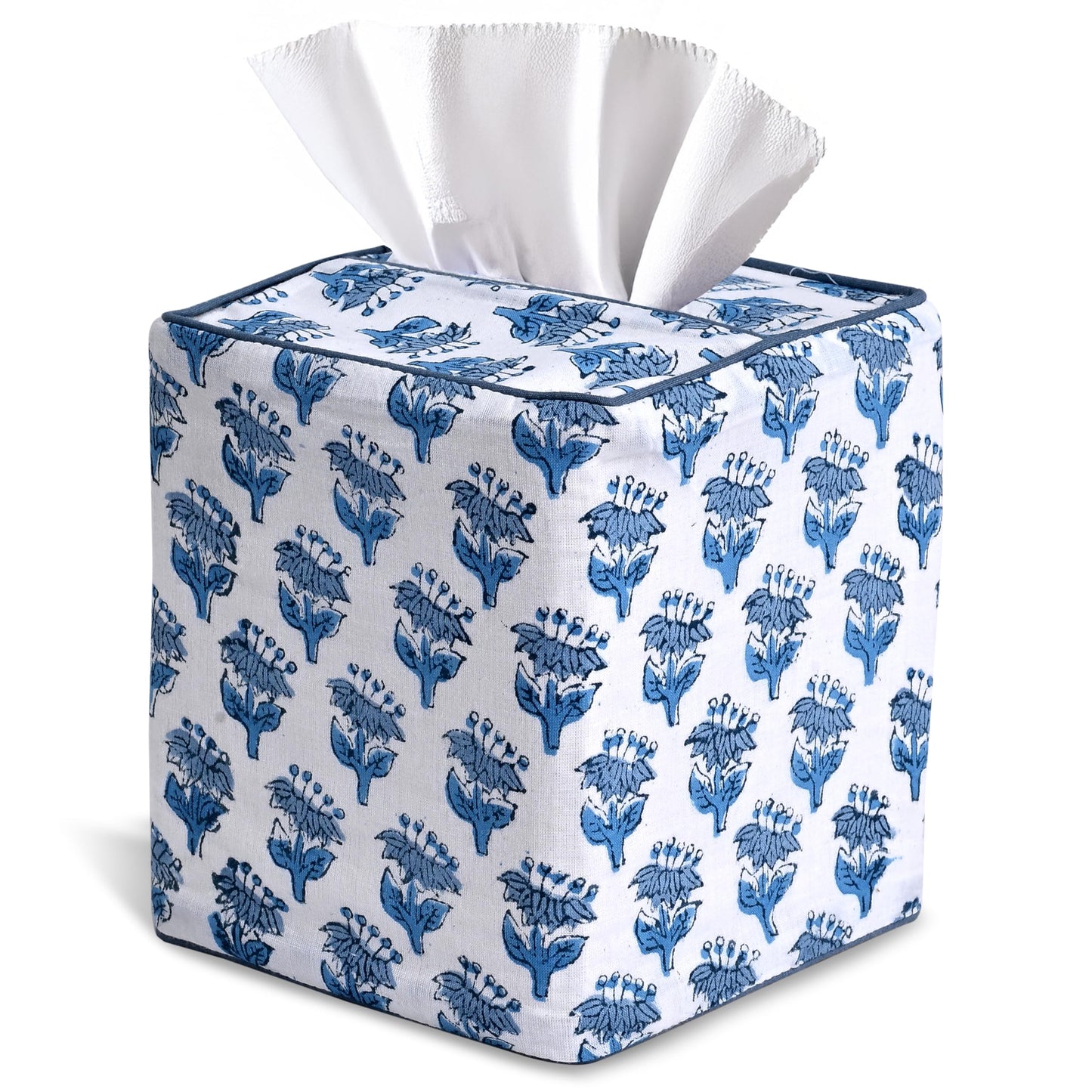 CPC Apatite Blue Hand Block Printed Cotton Tissue Box Cover 5" x 5" x 5.5" Square Soft Reusable Boho Napkin Holder for Home Kitchen Dining Bathroom Office Cafe Spa, Gift for Spring, Mother's Day