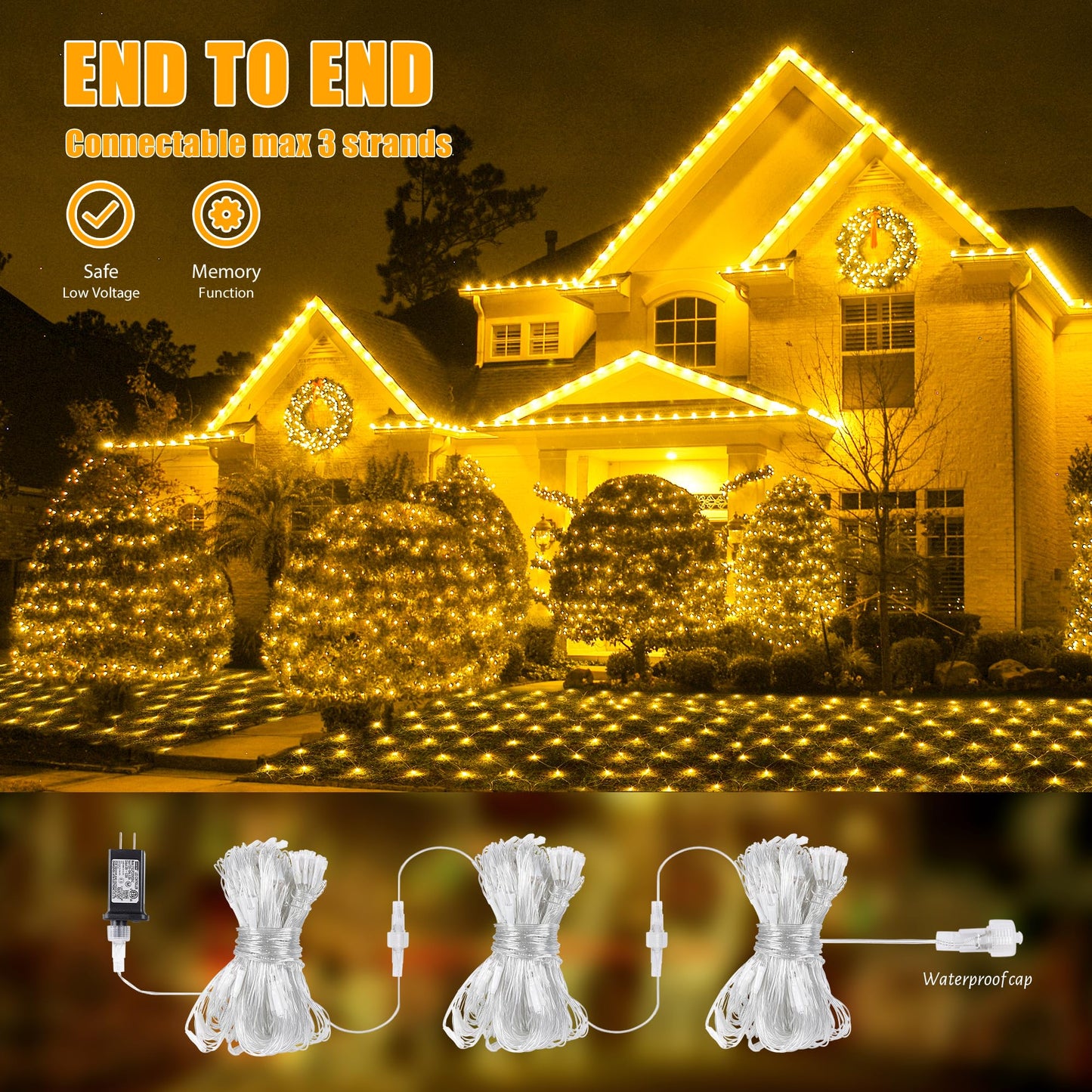 HEYFUNi Net Mesh Waterproof String Lights,360LED 13ft x 5ft Christmas Net Lights, 8 Modes,Connectable for Indoor Outdoor, Curtain,Garden,Christmas Tree, Bush, Party, Holiday, Wall Decor (Warm White)