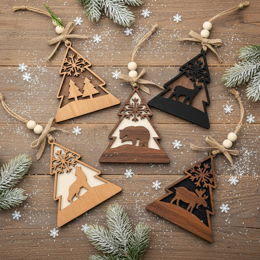 Geelin 20 Pcs Rustic Christmas Ornaments Farmhouse Christmas Ornaments Wood Woodland Reindeer Bear Wolf Evergreen Tree Hanging Decorations for Farmhouse Winter Holiday Xmas Tree Decor Gift Tags