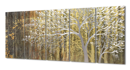 Yihui Arts Gold Metal Wall Art Handcrafted Tree on Aluminum Artwork Modern Forest Pictures with 3D for Living Room Bedroom Kitchen Decor