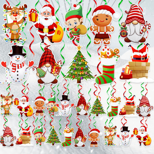 Hanging Christmas Decorations with Foil Swirls | 30 Pcs Holiday Set | Xmas Santa, Snowman, Gingerbread, Reindeer, Gnomes Christmas Designs | Home, Office, School Christmas Party Decorations | BASHOUT