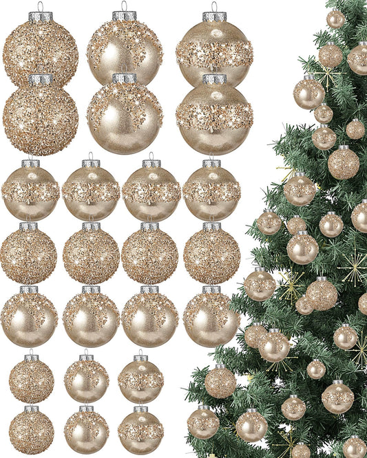 Civaner 24 Pcs Glitter Christmas Ball Ornaments Set 3.2'' 2.4'' 1.6'' Christmas Tree Ornaments Hanging Sequin Shatterproof Balls for Xmas Tree Wreath Garland Xmas Home Decor(Champagne Gold)
