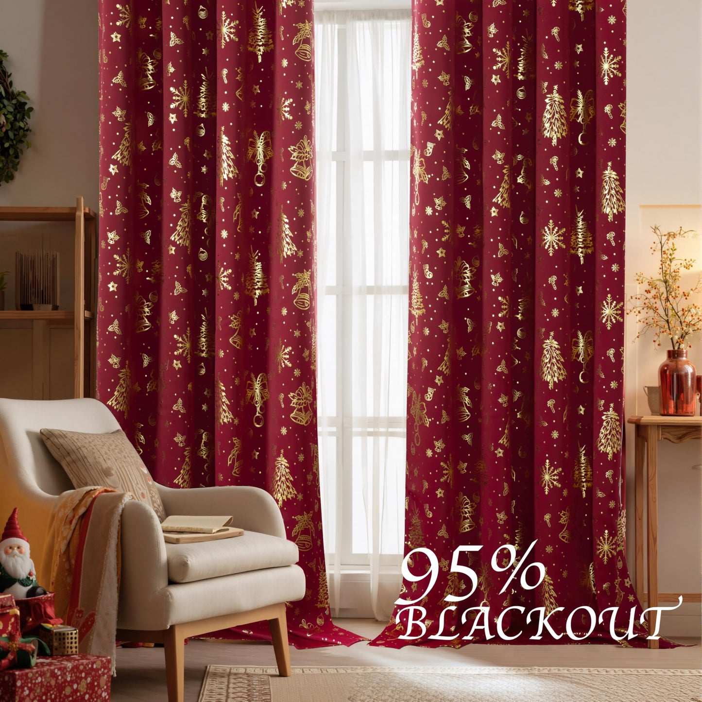 NICETOWN 2 Panels Christmas Red Rod Pocket 42 x 36 Inch Valance Curtains - Holiday Themed Window Treatment for Living Room, Bedroom, Study, Dining Room, Kids Room - Gold Stamping Design