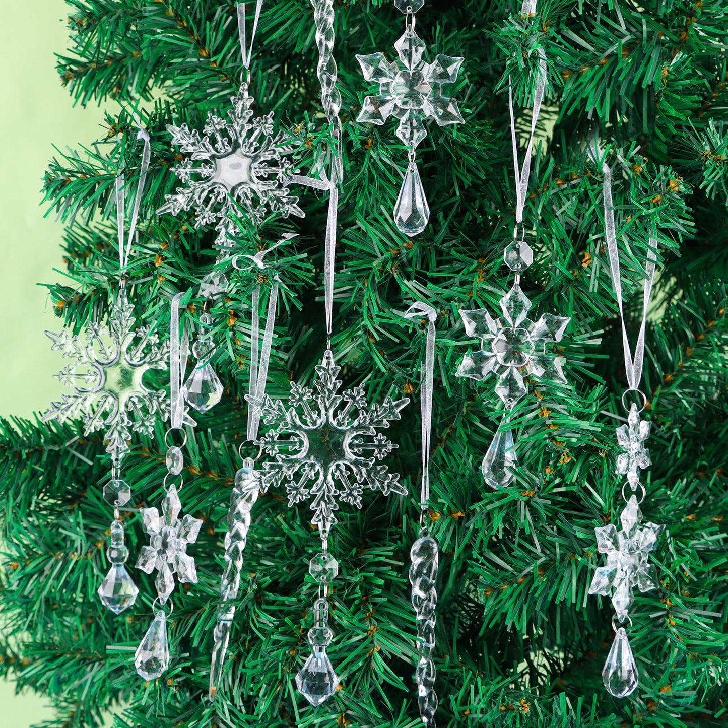 FOIMAS 25pcs Christmas Snowflake Icicle Ornament,Clear Acrylic Icicle Snowflake Drop Pendant Crystal Hanging Ornaments with Ribbon for Christmas Tree Home Decoration